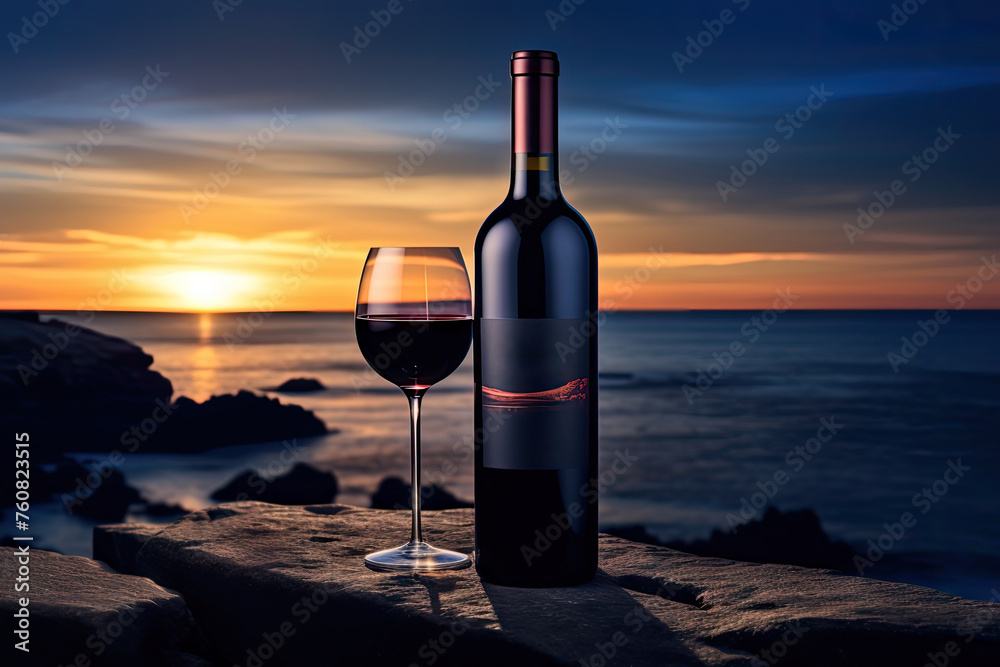 Red Wine Bottle on Ocean Beach, Wine Bottle Mockup on Rocky Shore, Dark Blue Sky Sunset Red Wine Bottle on Ocean Beach, Wine Bottle Mockup on Rocky Shore, Dark Blue Sky Sunset