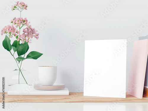 Greeting Card Mockup with Pink Flower and Coffee Cup on Table