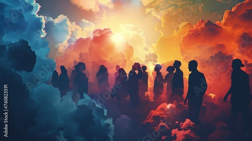 silhouette of a group of people in a colored cloud