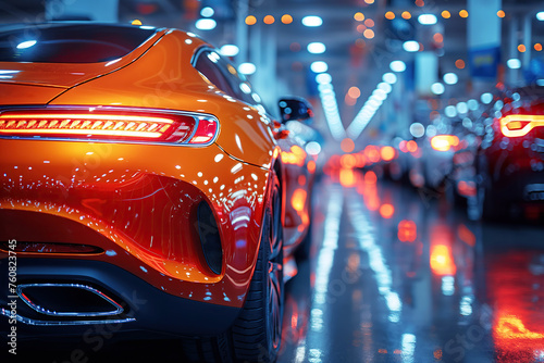 new modern orange luxury car is on sale at dealership. Back taillight © alexkoral