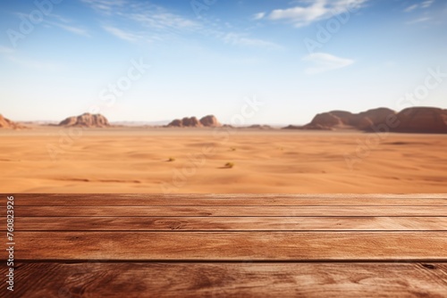 Empty wooden table over desert background  Ai Generated