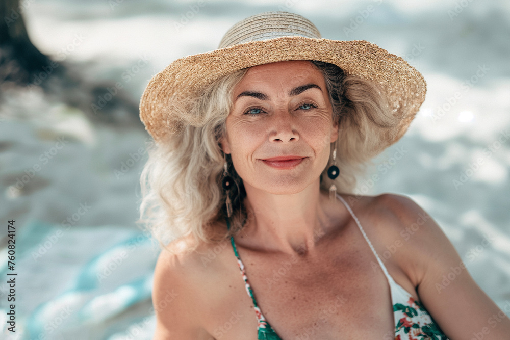 55 year old woman with swimsuit and pamela hat on the beach