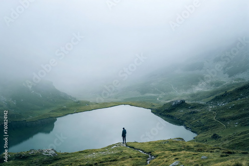 Lone person at the lake in the foggy  mountains (ID: 760824142)