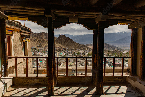 Mesmerizing scenic view of Old Leh City from Leh Palace. The city is located in the Indian Himalayas at an altitude of 3500 meters. viewed from Leh Palace.  photo