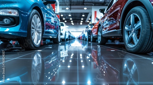 A panoramic view of a car dealership, with rows of shiny vehicles on display, promising endless possibilities for eager buyers.