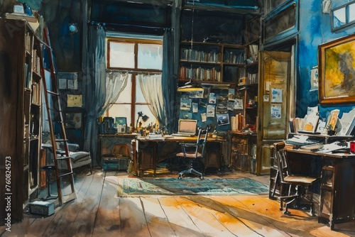 Artistic Atelier interior watercolor. Colorful painting showing artist working desk. Generate AI