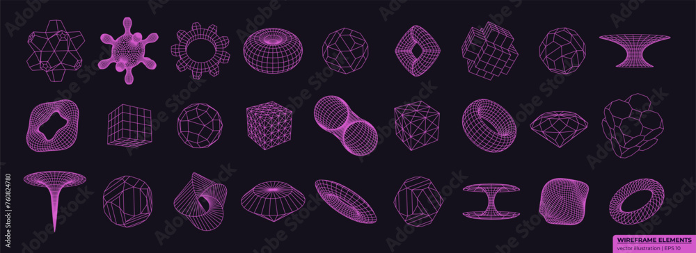 Wireframe 3D shapes in neon color. Cyberpunk elements consisting of a grid and dots. Collection of lowpoly 3D polygonal shapes.