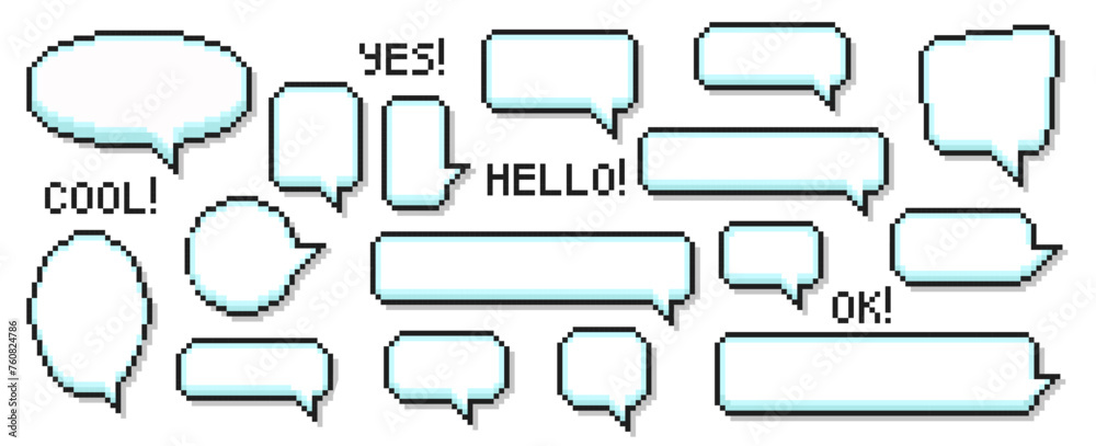 Speech bubbles of various shapes in the pixel art style with 3d effect. Set of empty pixelated speech bubbles with text. Vector illustration on a white background. - obrazy, fototapety, plakaty 