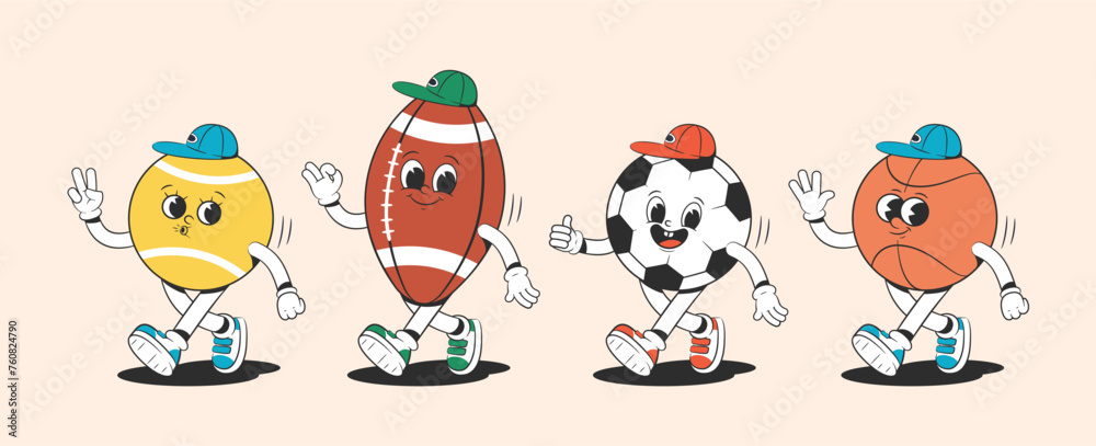 Tennis, football, basketball and rugby balls in groovy style. Characters from the 30s. Funny colorful illustration in hippie style. Tennis, football, basketball and rugby balls in groovy style. Characters from the 30s. Funny colorful illustration in hippie style.