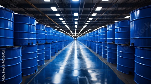 A warehouse filled with a long row of blue barrels on pallets containing liquid chemical. Rows of blue industrial drums stored in a warehouse, symbolizing mass storage and logistics. Generative AI