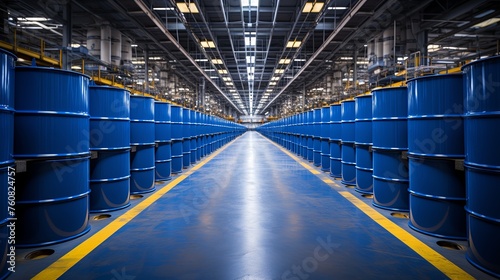 A warehouse filled with a long row of blue barrels on pallets containing liquid chemical. Rows of blue industrial drums stored in a warehouse, symbolizing mass storage and logistics. Generative AI