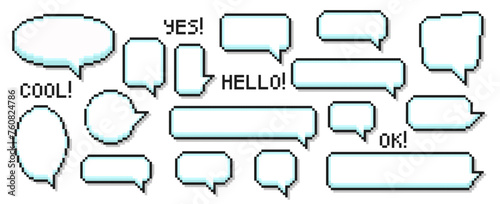 Speech bubbles of various shapes in the pixel art style with 3d effect. Set of empty pixelated speech bubbles with text. Vector illustration on a white background.