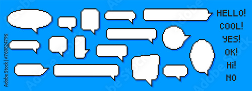 Speech bubbles of various shapes in the pixel art style. Set of empty pixelated speech bubbles with text. Vector illustration. photo