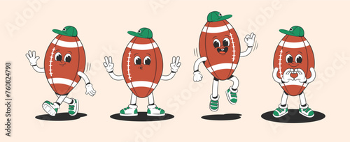 Cartoon groovy rugby ball character in groovy style in different poses. Characters from the 30s. Funny colorful illustration in hippie style.