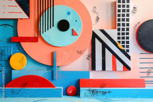 Deconstructed postmodern inspired artwork of abstract symbols with bold geometric shapes.