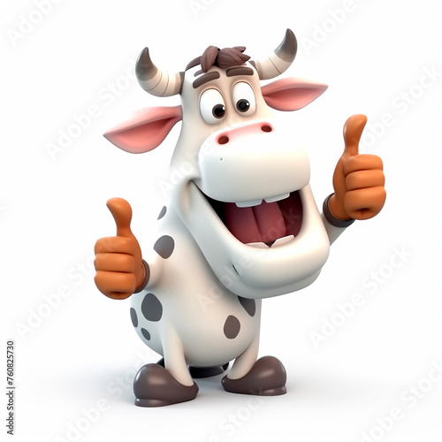 Cartoon cow with black and white spots is shown giving thumbs up gesture with smile on its face. Cows eyes are wide open  and its body is positioned in a casual  standing pose. 