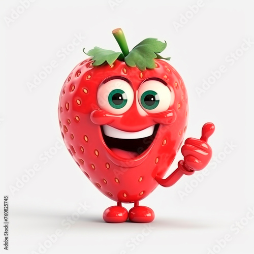 Happy red strawberry cartoon character is smiling and giving a thumbs up gesture, showing approval or positivity in an animated way. Fruit is vibrant red in color and has eyes, a mouth, and arms