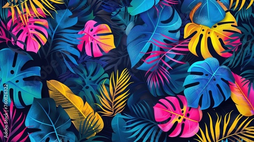 Tropical leaves in a bright coloured pattern on a dark background © Boraryn