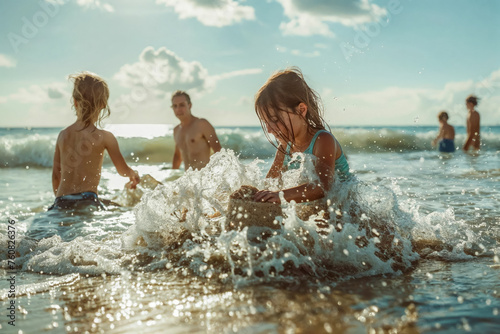 Children playing on the beach in the warm sunlight  (ID: 760826376)