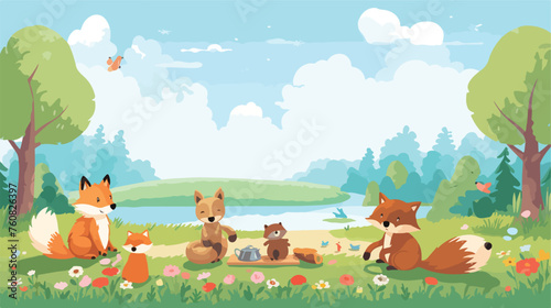 A charming scene of animals having a picnic in a su