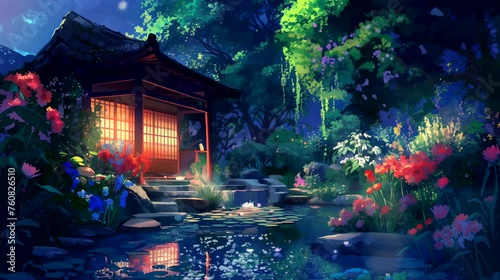 Garden pond with colorful blooms at night. Fantasy landscape anime or cartoon style, looping 4k video animation background photo