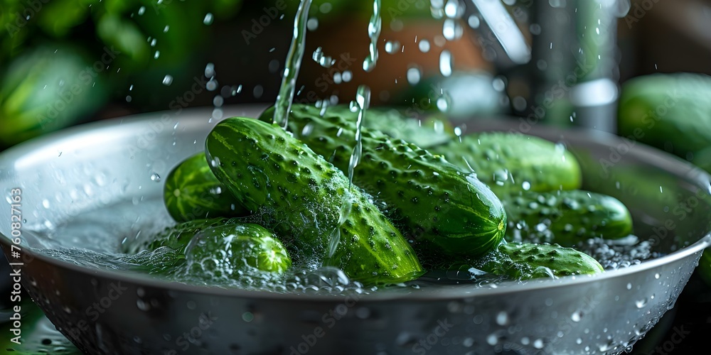 Cucumbers being washed and cleaned in a stream of running water . Concept Food Prep, Fresh Produce, Hygiene, Kitchen Essentials - obrazy, fototapety, plakaty 