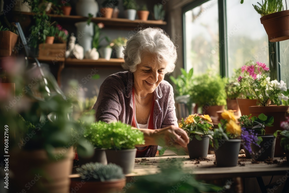 Woman Caring for House Plants, Taking Care of Home Garden, Elderly Gardening, Retired Female Woman Caring for House Plants, Taking Care of Home Garden, Elderly Gardening, Retired Female