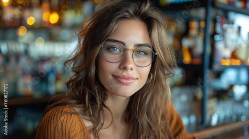 Woman Wearing Glasses Standing in Front of Bar