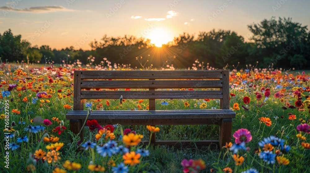 Obraz premium Wooden Bench in Field of Flowers