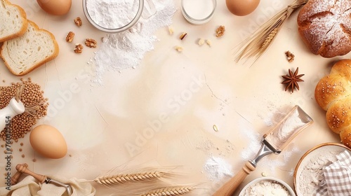 Baking ingredients in bakery, top view