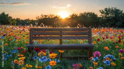 Wooden Bench in Field of Flowers