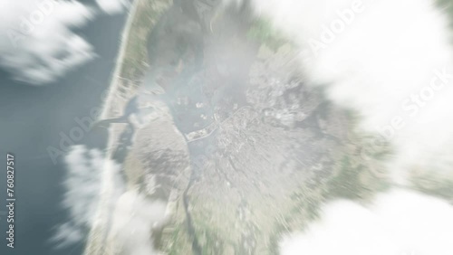 Earth zoom in from space to Aveiro, Portugal. Followed by zoom out through clouds and atmosphere into space. Satellite view. Travel intro. Images from NASA