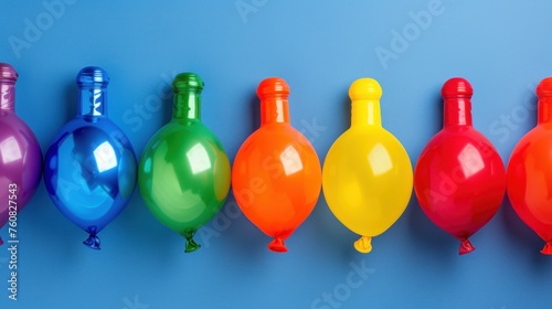 a row of colorful balloons lined up in a row on a blue background with one balloon in the middle of the row. photo