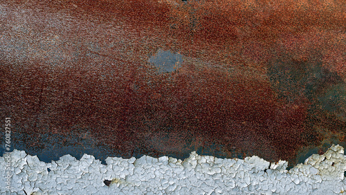 Rusted white painted metal wall. Rusty metal background with streaks of rust. Rust stains. The metal with white painted surface rusted cracks.metal rust texture background.