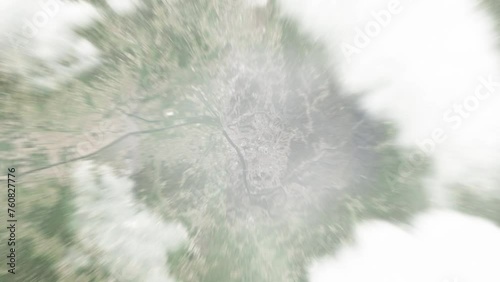 Earth zoom in from space to Coimbra, Portugal. Followed by zoom out through clouds and atmosphere into space. Satellite view. Travel intro. Images from NASA