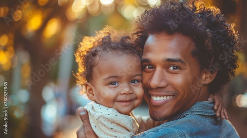 Afro-american Father and little child on nature background, Father's Day, love family, parenthood, childhood concept. Generative ai