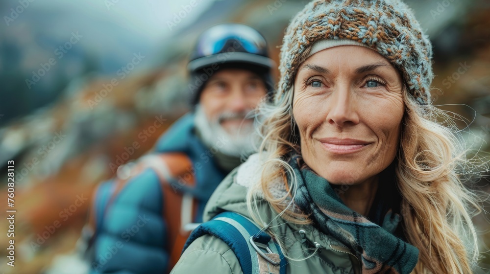 50 year old mordern woman and man with backpacks hiking trekking on mountains.  Seniors active healthy lifestyle adventure journey vacations. Generative ai - obrazy, fototapety, plakaty 