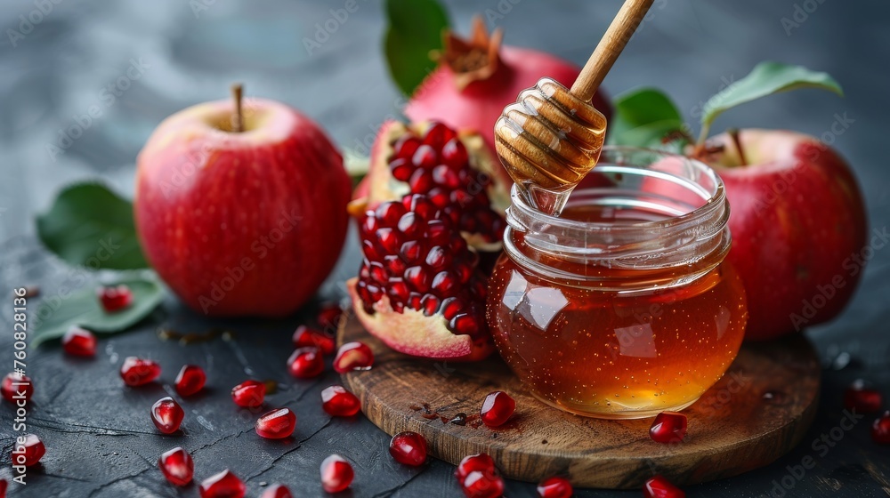 Apple, honey and pomegranate, traditional food of the Jewish New Year holiday Rosh Hashanah, rustic background. Generative ai Apple, honey and pomegranate, traditional food of the Jewish New Year holiday Rosh Hashanah, rustic background. Generative ai