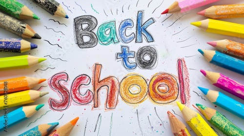 Children's drawing created with colored pencils on white paper. Back to school text. Kids going to learn. Educational poster. Colorful lettering. Generative ai photo