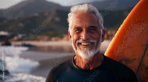 Portrait of a 70 year-old white haired man with surfboard at the beach.  Fit elderly man having fun surfing. Elderly healthy people lifestyle and extreme sport concept. Generative ai
