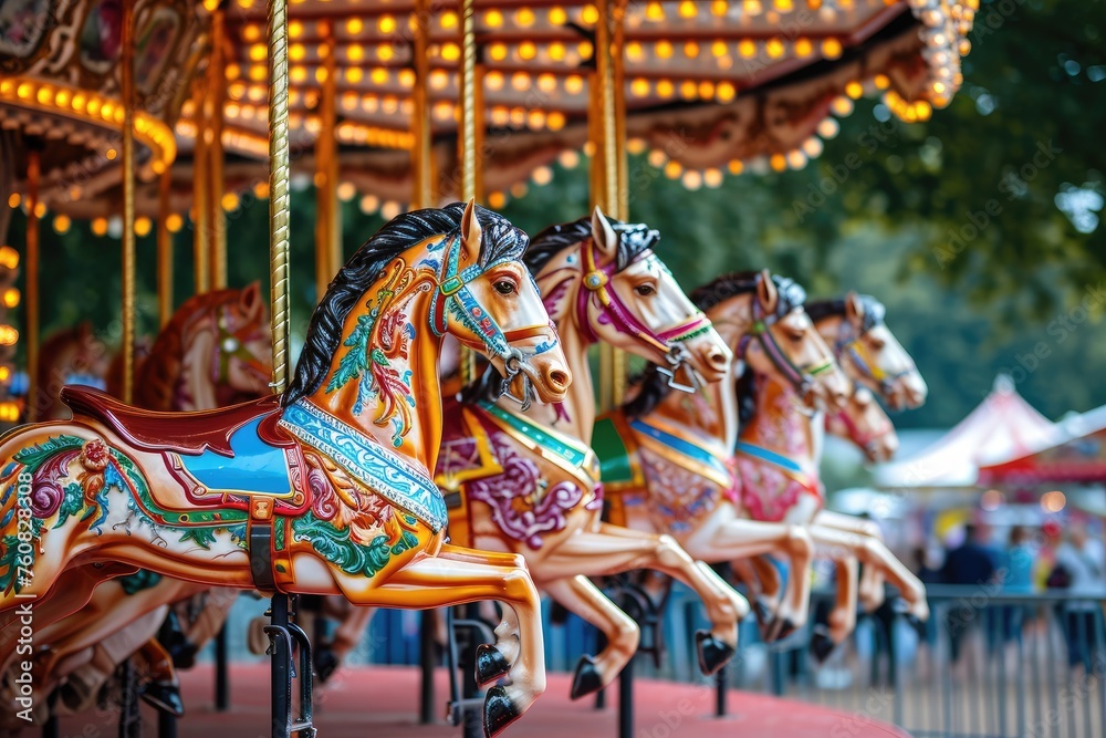 Summer fair carousel ride joy, children's laughter echoing through the fair.
