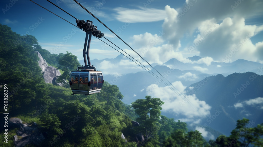 An overhead cable car ascending a steep mountain, passengers eagerly capturing photographs.