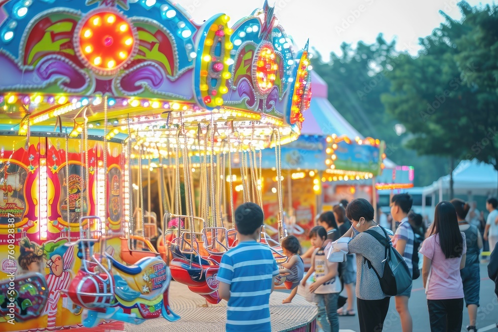 Summer festival carnival games, prizes gleaming under vibrant lights.