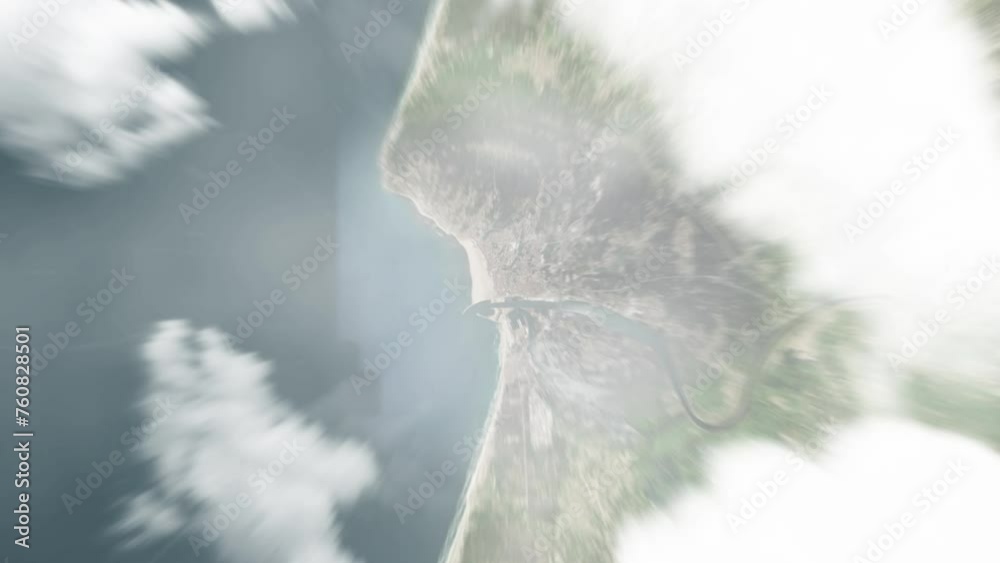 Earth zoom in from space to Figueira da Foz, Portugal. Followed by zoom out through clouds and atmosphere into space. Satellite view. Travel intro. Images from NASA