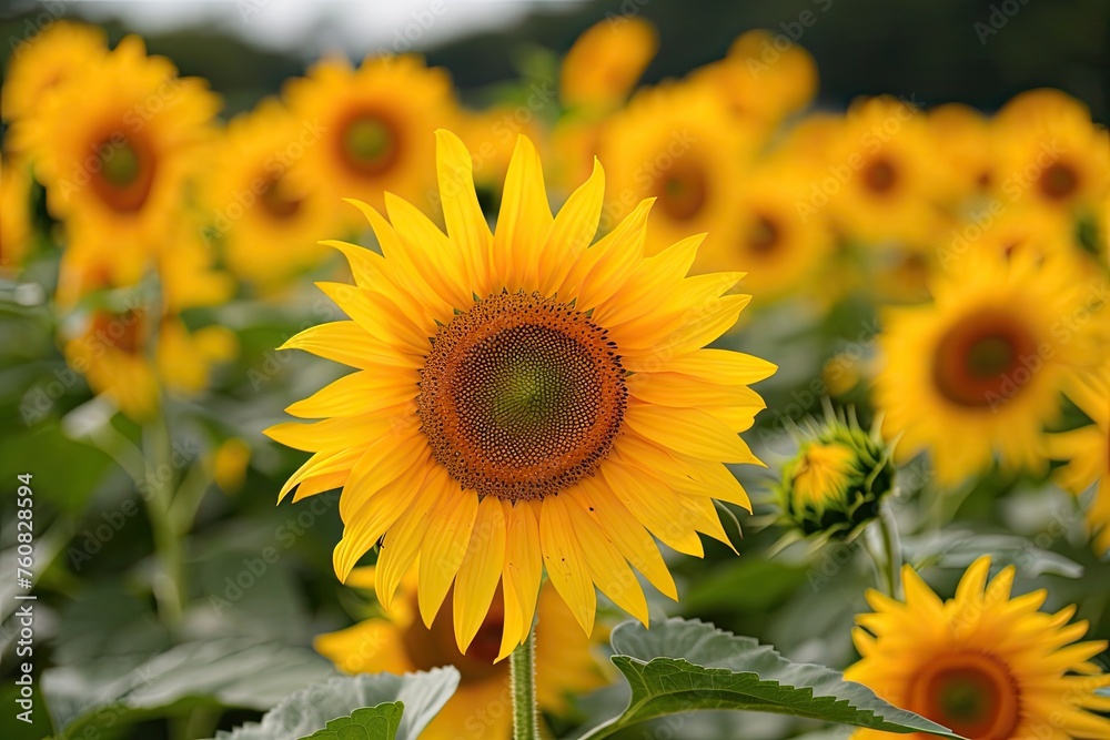 Sunflowers sway gently in a vast field, their vibrant petals reaching toward the sun, bathed in the warm glow of golden sunlight, painting the landscape with hues of yellow and green.