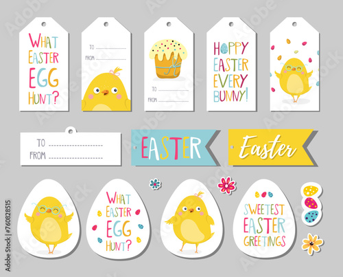 Set of Easter gift tags, scrapbooking elements, labels, badges with cute chicken and lettering . Easter greeting stickers with bunny, flowers, eggs.