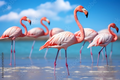 Flamingos walking around the blue lagoon on a sunny day