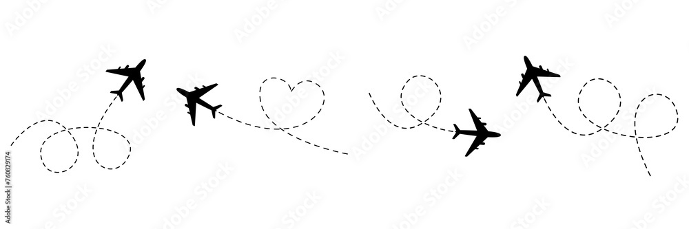 Airplanes with dotted line path set. Plane flight route with trace. Vector illustration isolated on white background. Airplanes with dotted line path set. Plane flight route with trace. Vector illustration isolated on white background.
