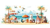 A cheerful scene of animals having a beach party by