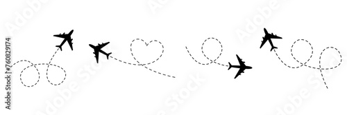 Airplanes with dotted line path set. Plane flight route with trace. Vector illustration isolated on white background.